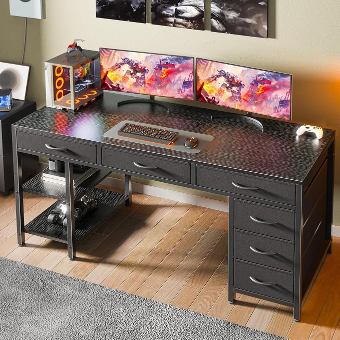 Huuger Computer Desk with 6 Drawers, Office Desk with Shelves, Reversible Gaming Desk, Corner Desk with Storage, Work for Home Office, Study, Living Room, 54inch, Black
