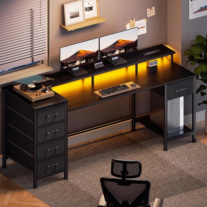 Korfile 61 Inch Gaming Computer Desk with Power Outlets,LED,5 Drawers,Black | For gaming and working,built-in power outlets and LED lights,5 fabric storage drawers, ffits 61-inch, monitor stand,black