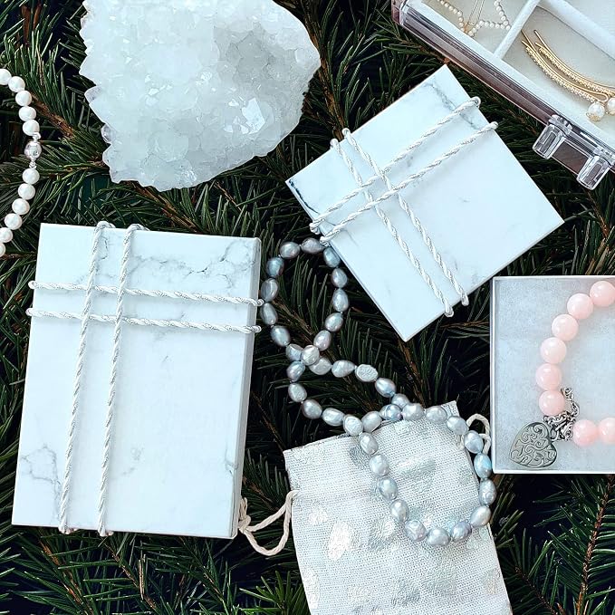TheDisplayGuys 100 Cardboard Jewelry Gift Boxes with Inserts - Marble White | Size #65 - 6.2" x 5.2" x 1.1", Lids, Cotton Filled Padding, Kraft Paper, Bulk Pack Case, for Shipping, Organizers, Storage