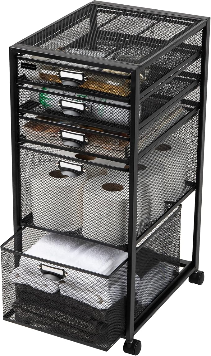 Mind Reader Vertical Office Storage Organizer with Mesh Drawers Label Holders and Optional Wheels, Metal Mesh, Black
