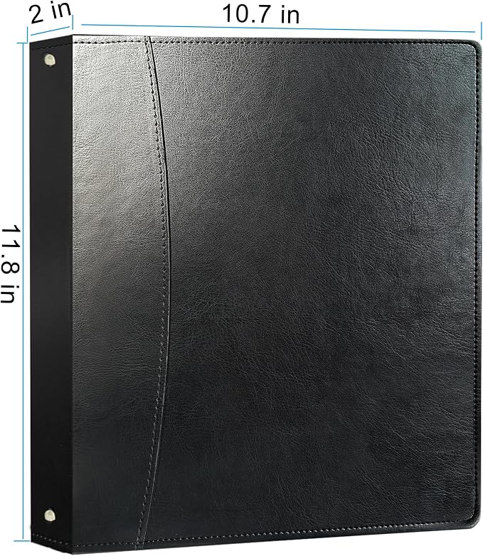 Vintage Faux Leather 3-Ring Binder, 2-Inch Spine, Round Ring, Fits Letter Size 8.5" x 11" Paper, Built-in Interior Pockets, Professional Document Binder (Black, 2 Inch)