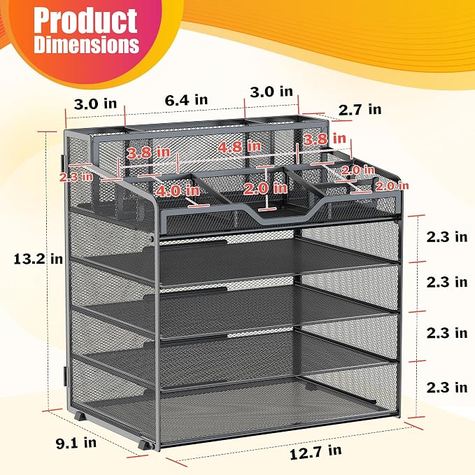 Docnest 5 Tier Mesh Desk Organizer with Letter Tray & Paper Sorter, Black | Features 3 built-in pen holders & 5 adjustable compartments on top. Includes 4 non-slip rubber feet for desk protection