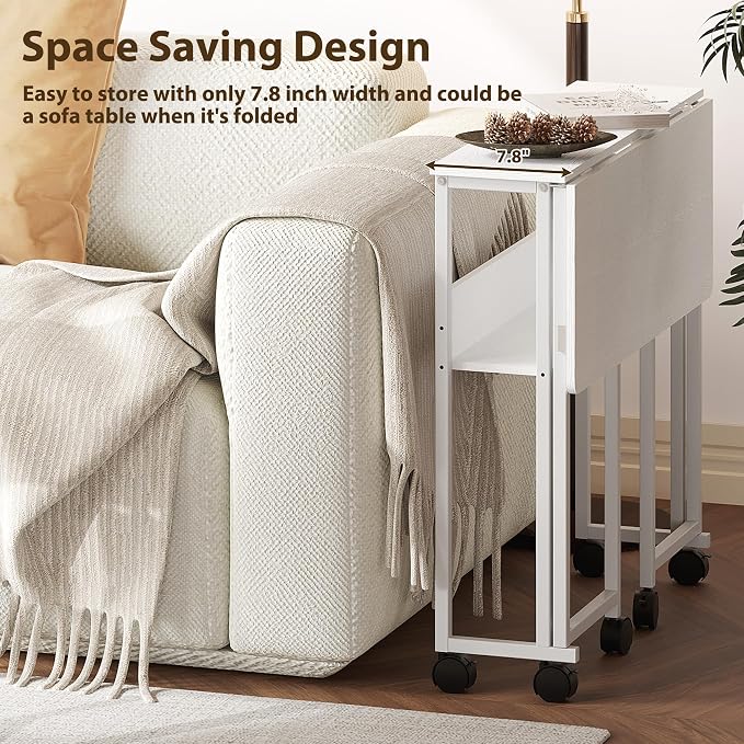 24.8" Folding Desk Rolling Desk with Storage Shelf,Space-Saving Foldable Computer Desk with Wheels,Portable Mobile Couch Sofa Side Table for Small Spaces, Home Office, Study, Easy Assembly,white