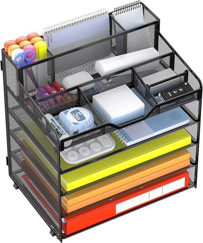 Docnest 5 Tier Mesh Desk Organizer with Letter Tray & Paper Sorter, Black | Features 3 built-in pen holders & 5 adjustable compartments on top. Includes 4 non-slip rubber feet for desk protection