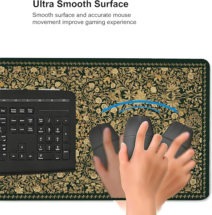Cute Floral Aesthetic Daisy Gaming Mouse Pad, Green Glod Rug Desk Mat with Anti-Slip Base & Stitched Edges,35.4" x 15.7" in Desk Accessories for Women, Home Office Decor & Artistic Gift