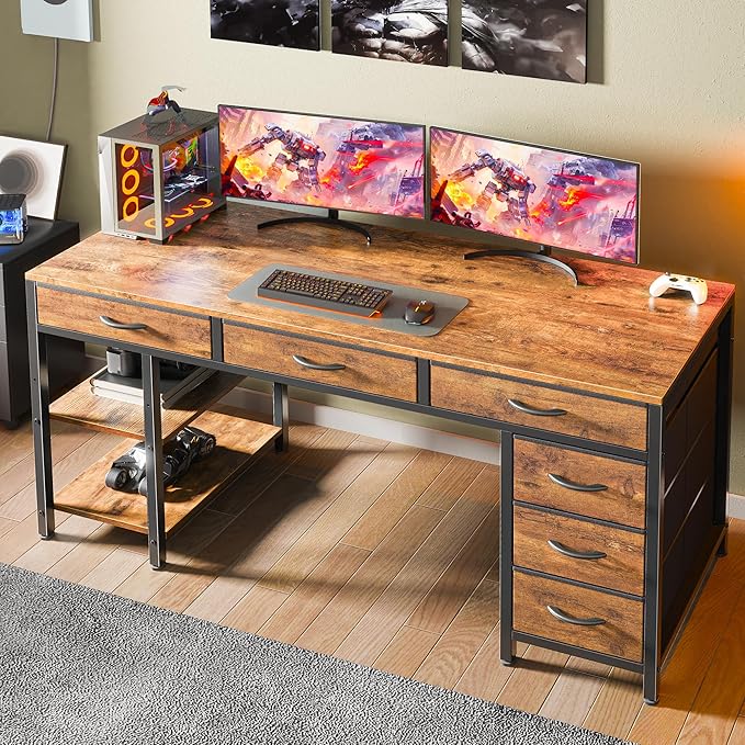 Huuger Computer Desk with 6 Drawers, Office Desk with Shelves, Reversible Gaming Desk, Corner Desk with Storage, Work for Home Office, Study, Living Room, 54inch, Rustic Brown