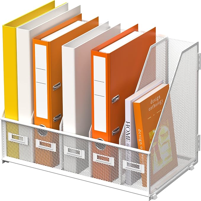 DALTACK 5-Slot Magazine File Holder, Metal Binder Holder, White | Iron Mesh Construction, Labeled Sections for Easy Sorting, Anti-Slip Feet, Binder and Folder Storage for Office, Classroom