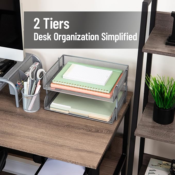 Mind Reader 2-Tier Stackable Paper Tray, Desktop Organizer for Letter-Size Documents, Office File Storage, Metal Mesh, Set of 2, Silver