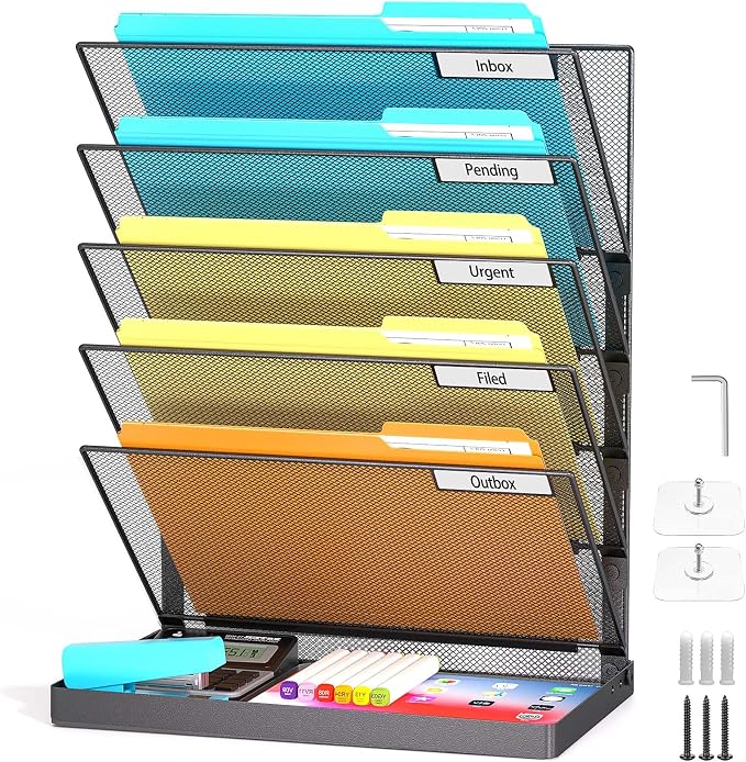 Legal /A4/ Letter Size Hanging Wall File Organizer Desktop File Organizer,6-Tier Wall Mount/Self Standing Paper Document Folder Holder,Mesh Magazine Rack for Office Home, Black ﻿