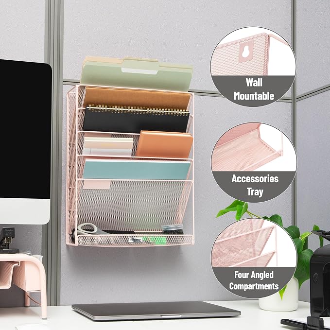 Mind Reader 5-Pocket Vertical File Storage, Desktop Organizer, Wall Mount, Office, Metal Mesh, Pink