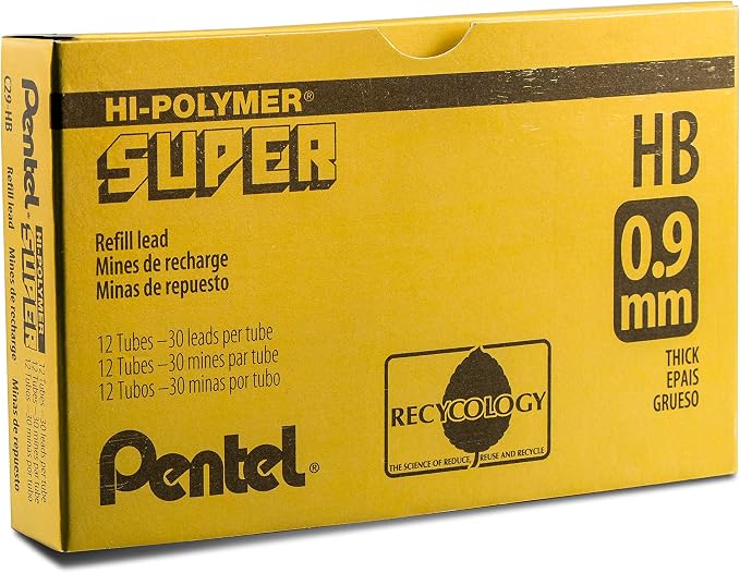 Pentel Super Hi-Polymer Lead, 0.9mm, Medium, HB, 30 Pieces/Tube, Box of 12 (C29-HB)