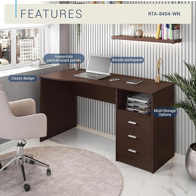 Techni Mobili 51 Inch Classic Computer Desk w/ Drawers & Storage, Wenge | 51 Inch classic desk with 3 drawers, spacious storage, sturdy frame, and functional home office workstation for modern setups