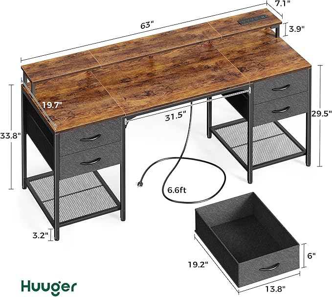 Huuger 63 inch Computer Desk with Power Outlets & 4 Drawers | Gaming Desk with LED Lights, Home Office Desk with Storage Space for Bedroom, Work from Home, Rustic Brown