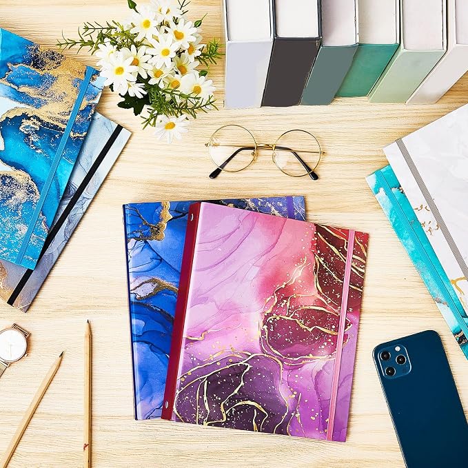 6 Pack Mini Binders 5.5 x 8.5 Three Ring 1 Inch Marble Binder with Elastic Cord Cute Hardcover Marble Binder Floral for School Office Home Photo Album Pages(Marble Style)
