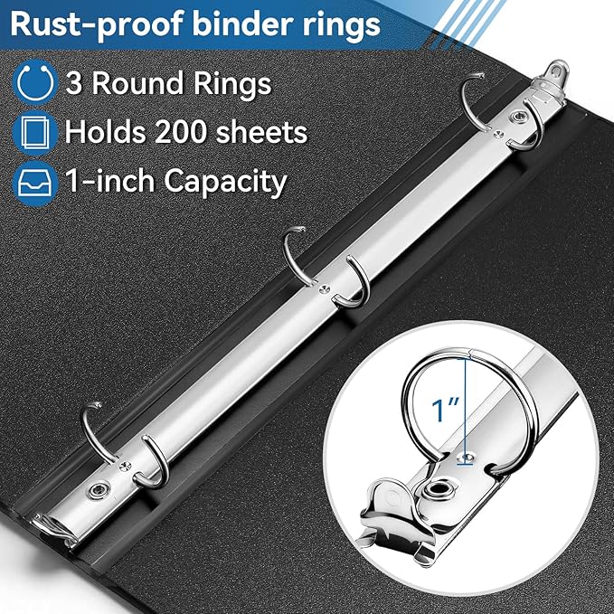 SUIN 1-inch 3 Ring Binder with 2 Interior Pockets, 1''Durable Binders Holds US Letter Size 8.5'' x 11'' Paper - Versatile Binders for Office, Home, and School Use, 6 Pack Black