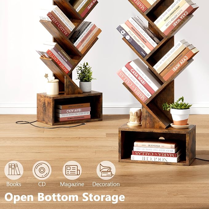 Hoctieon 6 Tier Tree Bookshelf, Tall Bookcase, Freestanding Book Shelf with LED Lights, Display Floor Standing Storage Shelf, Book Organizer Shelves for Home Office, Living Room, Rustic Brown