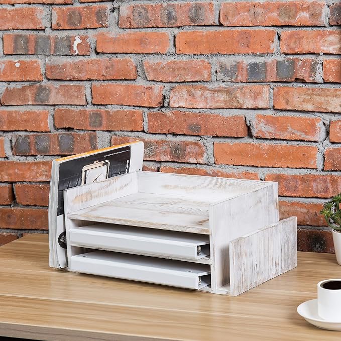 MyGift 3-Tier Desk Organizer & File Tray, Wood Letter Holder for Office, Farmhouse White Wood Desktop Document Organizer with Paper Storage