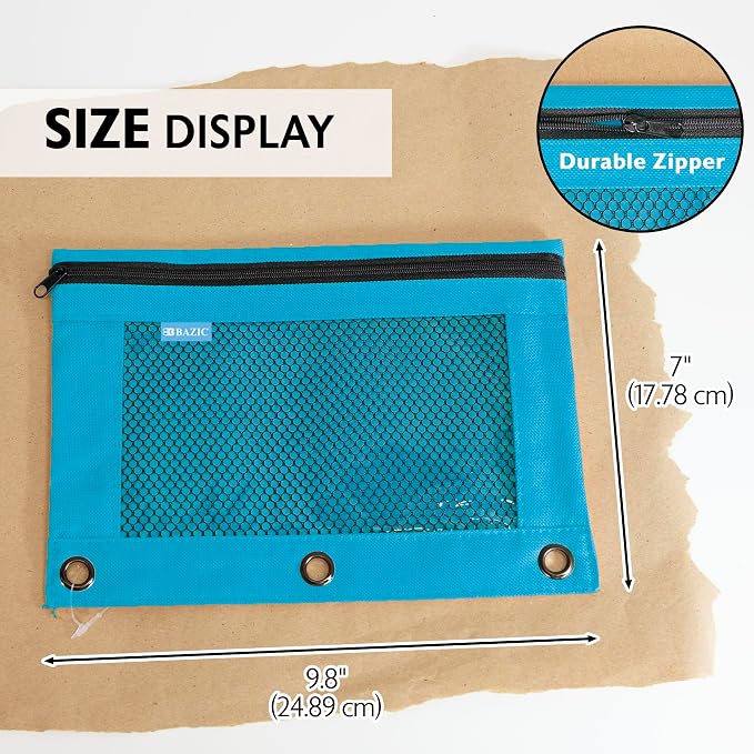 BAZIC PRODUCTS Retro Pastel 3-Ring Pencil Pouch with Mesh Window, 144-Case | clear mesh window and a zipper closure for pens, pencils