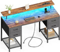 Huuger 55 inch Computer Desk with Power Outlets & 4 Drawers | Gaming Desk with LED Lights, Home Office Desk with Storage Space for Bedroom, Work from Home, Rustic Brown