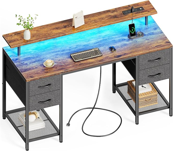 Huuger 55 inch Computer Desk with Power Outlets & 4 Drawers | Gaming Desk with LED Lights, Home Office Desk with Storage Space for Bedroom, Work from Home, Rustic Brown