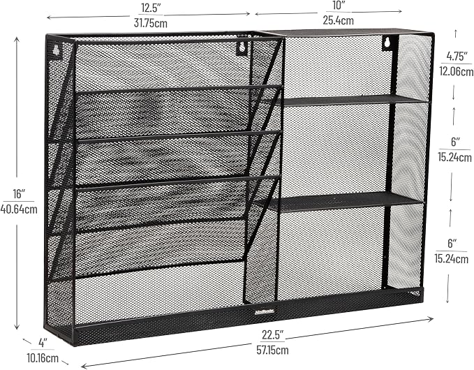 Mind Reader 4-Tier Vertical File Storage and Shelves, Desktop Organizer, Wall Mount, Office, Metal Mesh, 22.5"L x 4"W x 16"H, Black