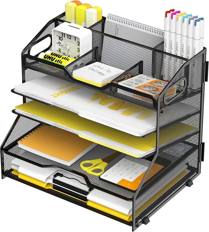 YINGHUA 5-Tier Mesh Desk Organizer, Letter Tray - Black | Sturdy steel mesh with 3 sliding trays, 2 handles, 6 adjustable top sections. U-shaped design for easy access to office files