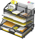 YINGHUA 5-Tier Mesh Desk Organizer, Letter Tray - Black | Sturdy steel mesh with 3 sliding trays, 2 handles, 6 adjustable top sections. U-shaped design for easy access to office files
