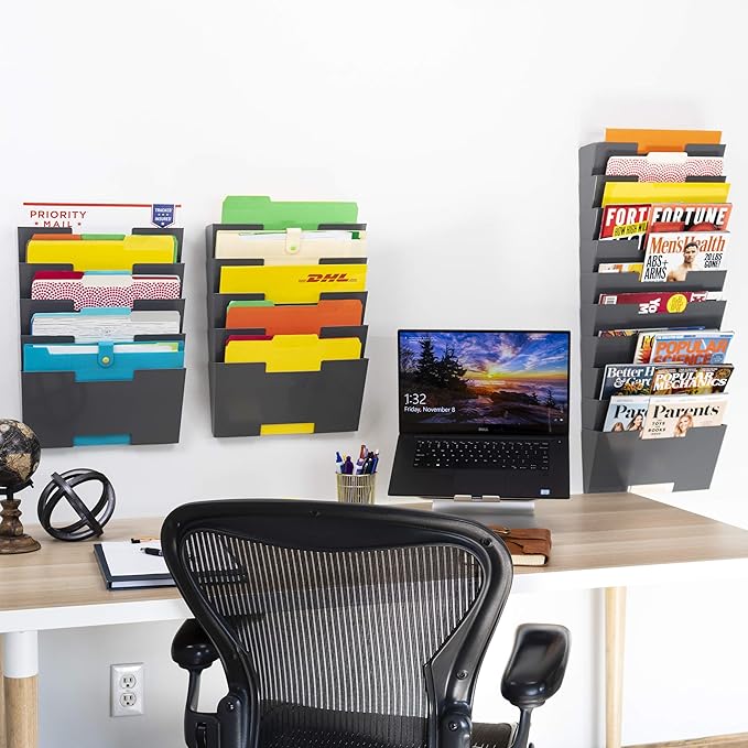 Gray Wall Mount Steel Vertical File Organizer Holder Rack 10 Sectional Modular Design Wider Than Letter Size 13 Inch Multi-Purpose Organize Display Magazines Sort Files and Folders