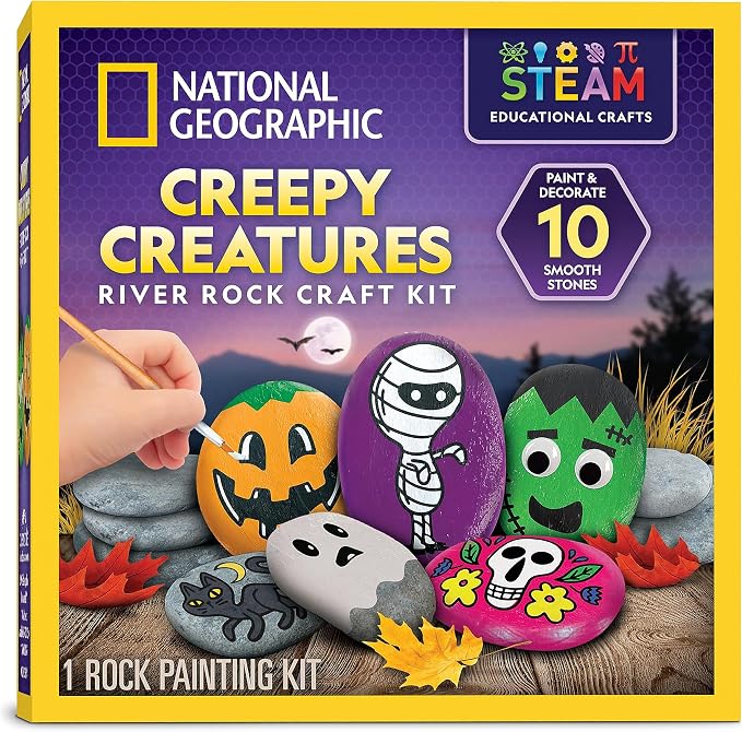National Geographic Creepy Creatures Rock Painting Halloween Craft Kit | 10 River Rocks, 10 Paint Colors, Spooky Art Supplies for Kids, Halloween Crafts, Creative Activity, Creepy Creature Designs