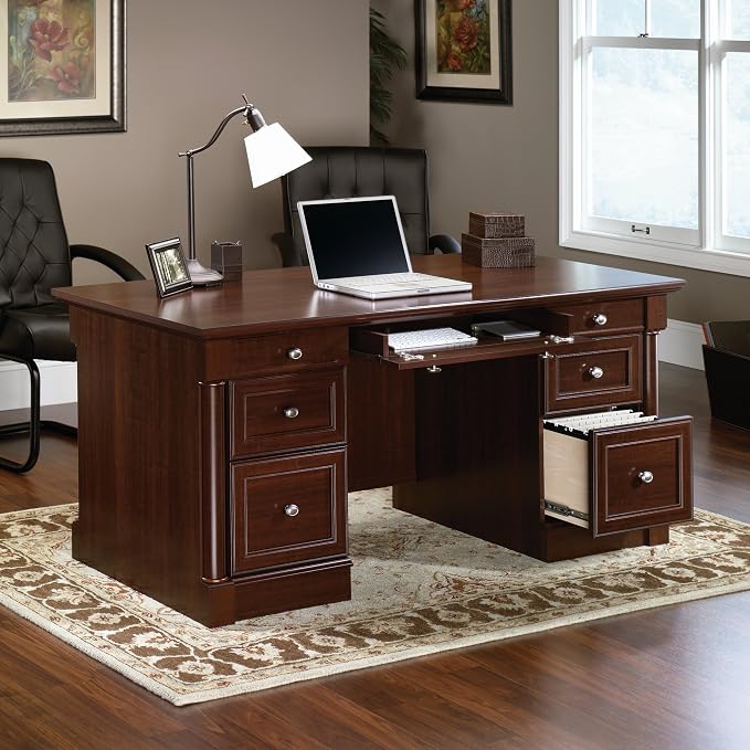 Sauder Palladia Office Desk with Drawers, Executive Desk with File Cabinet Storage, Cable Management, Keyboard Tray, in Select Cherry Finish