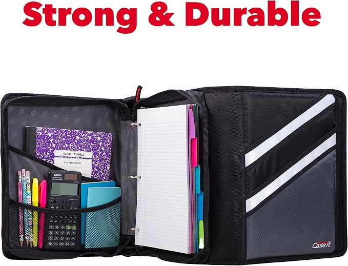 Case-it Zipper Binder | Dual 1.5" D-Rings | 500-Sheet | Z-176 Jet Black | Z Shape, Two Binders in One, Double-Sided, Multiple Pockets, Shoulder Strap, School & Office