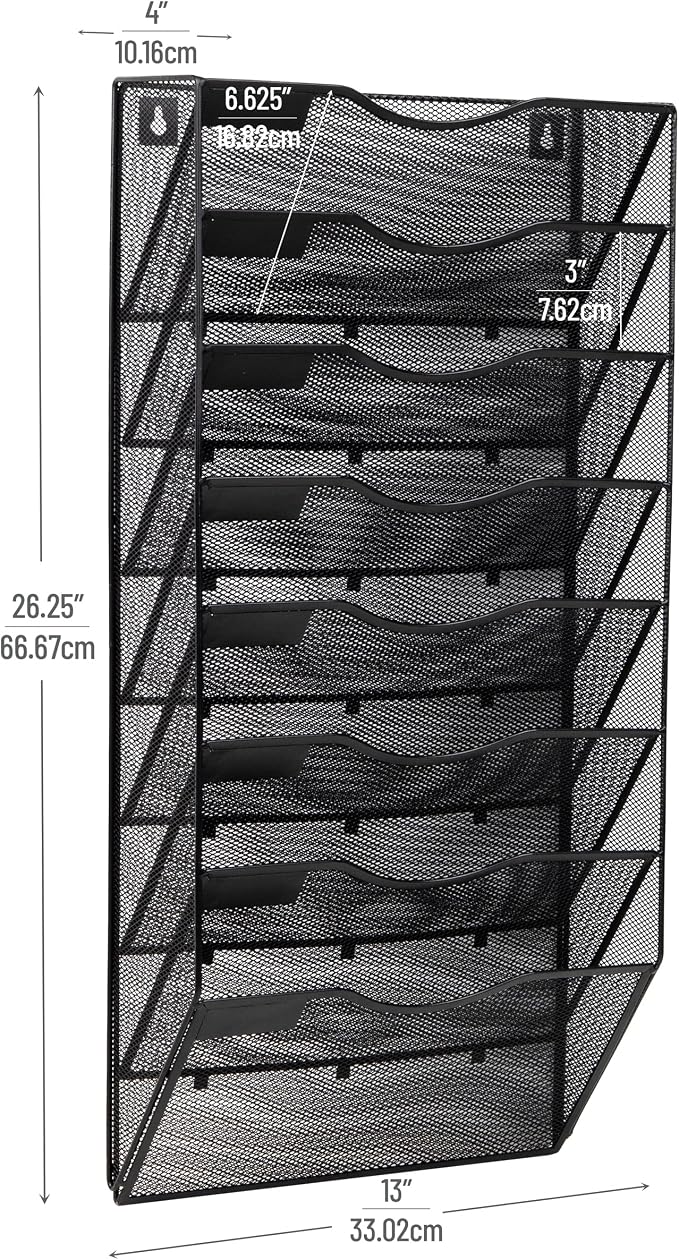 Mind Reader Wall File Organizer, 8 Pocket Hanging Document Rack, Office Wall Mount, Metal Mesh, Black