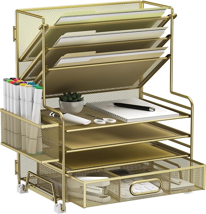MINDEPOT 4-Tier Paper Organizer + 3-Pocket File Holder + Drawer + Pen Holders, Desktop File Organizers Paper Tray for Office Supplies School Classroom Organization (Gold, with Drawer & Pen Holder)
