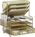 MINDEPOT 4-Tier Paper Organizer + 3-Pocket File Holder + Drawer + Pen Holders, Desktop File Organizers Paper Tray for Office Supplies School Classroom Organization (Gold, with Drawer & Pen Holder)