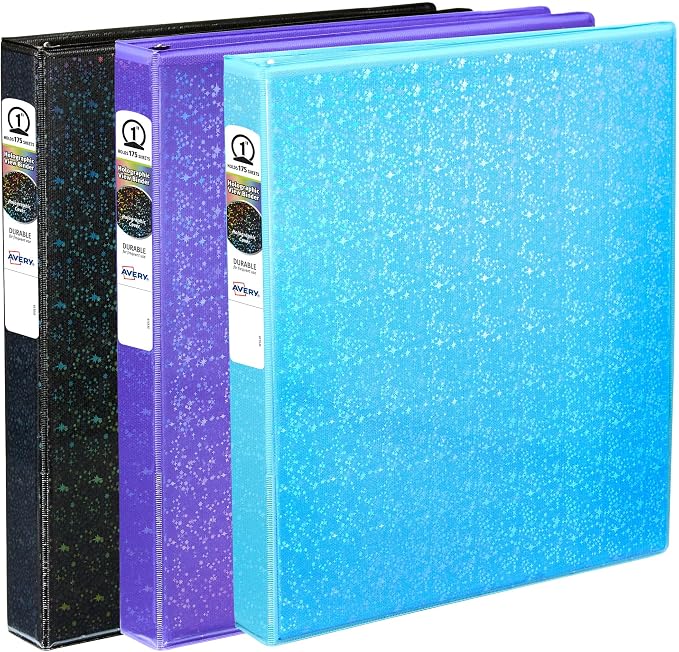 Avery® Holographic 3 Ring Binder, 1" Round Rings, 1 Violet Binder | For School, Home and Project Organization, Holographic 3D Rainbow Cover, Customizable Insertable Spine, Nonstick Pockets