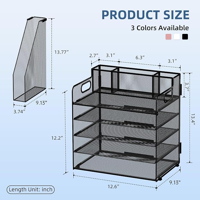 4-Tier Desk Organizer with Paper Trays, Pen and Magazine Holders, Black | Paper Organizer for Desk with 4 Paper Trays, Pen Holder, Magazine Holder and Carrying Handles for Files and Office Supplies