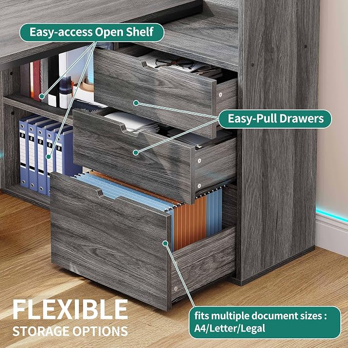 YITAHOME 55" L Shaped Corner Computer Desk with Drawers & Power, Grey | 3 Drawers, 3 Storage Shelves, Bookshelf, Power Outlets, LED Lights, File Cabinet, Easy Assembly