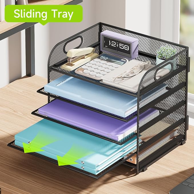 Cawukege 2 Pack 5 Tier Paper Organizer, Letter Tray with Handle, Mesh Desk Organizer, Metal File Organizer, Office Desk Accessories for Home, Office, Classroom, School -Black