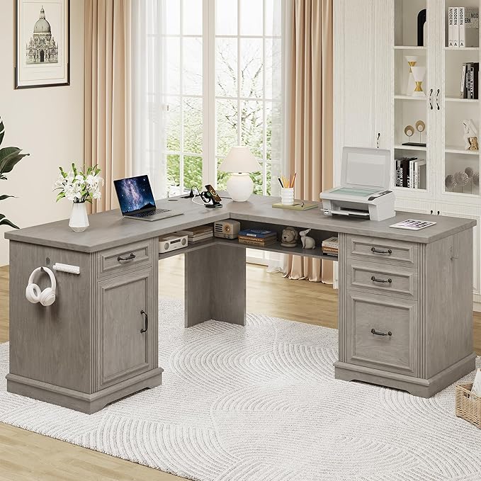Farmhouse L Shaped Executive Desk with 4 Drawers, Home Office Desk with Hidden Under-Desk Storage Shelf and Charging Station, File Cabinet Storage, Wood Corner Computer Desk for Work and Study(Grey)