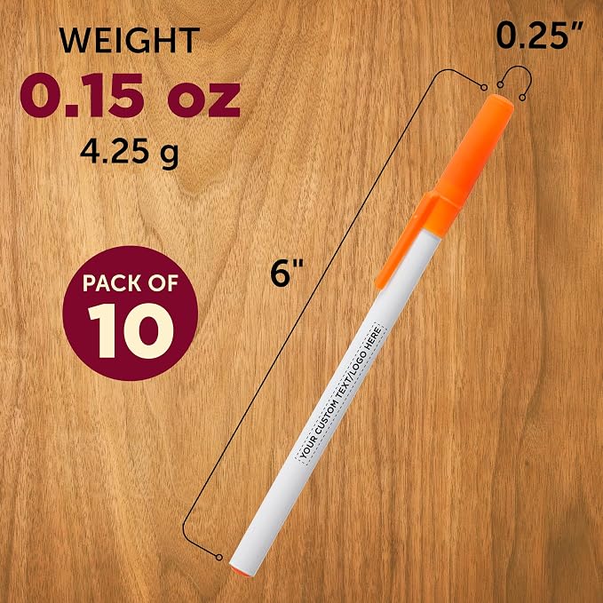 DISCOUNT PROMOS Custom Value Stick Pens Set of 10, Personalized Bulk Pack - Black Ink, Great for Office, School, Business, Tradeshows, Events - Orange