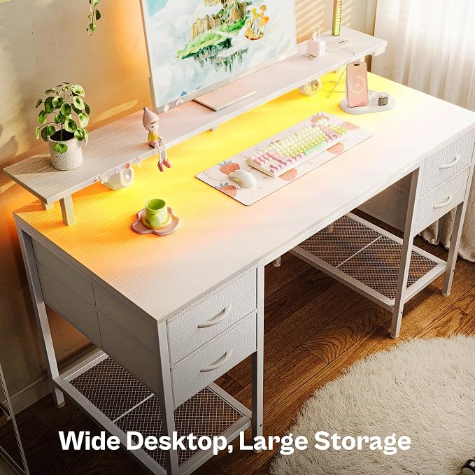 Huuger 47 inch Computer Desk with Power Outlets & 4 Drawers | Gaming Desk with LED Lights, Home Office Desk with Large Storage Space for Bedroom, Work from Home, White