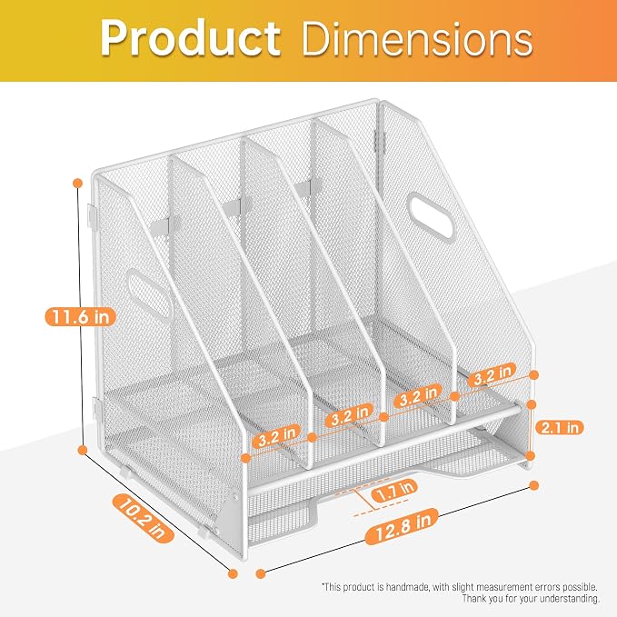 Docnest Mesh Desk File Organizer, 4 Vertical Compartment Box Sorter, White | Features 3 removable middle dividers for custom spacing and a bottom letter tray to hold paper, mail, and documents