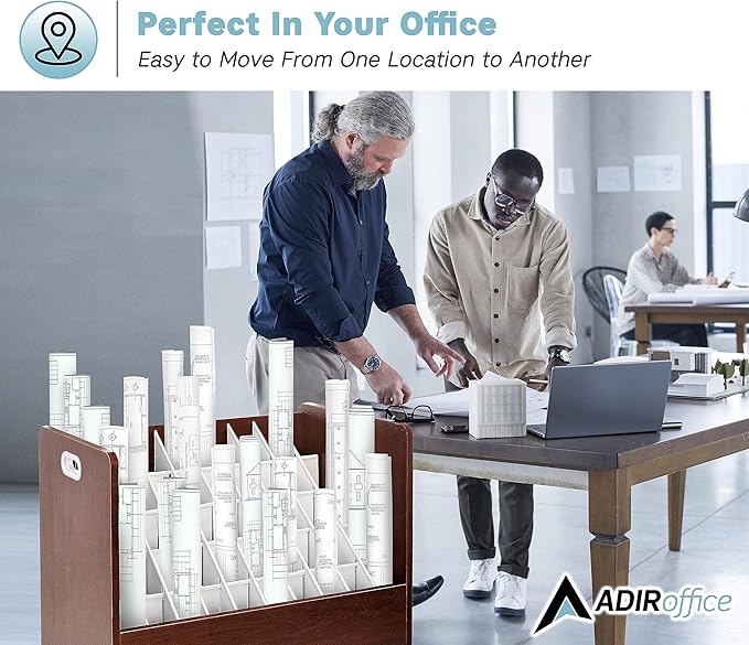 Adir Blue Print Storage Organizer - Mobile Roll File Cart, Construction Plan Holders, Blueprint Cabinet with Wheels, Roll Files Storage for Office and Home (50 Slots, Mahogany)