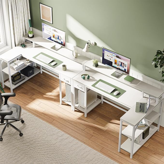 SUPERJARE 53 inch Reversible L Shaped Desk with LED Lights & Power Outlets, Computer Desk with Shelves & Monitor Stand, Gaming Desk with Drawer, Home Office Desk Corner Desk, PU White Drawer