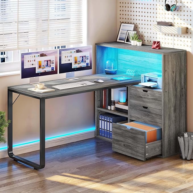 YITAHOME 55" L Shaped Corner Computer Desk with Drawers & Power, Grey | 3 Drawers, 3 Storage Shelves, Bookshelf, Power Outlets, LED Lights, File Cabinet, Easy Assembly