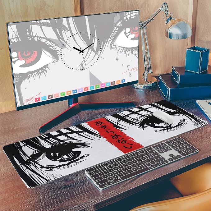 XL (31.5×11.8 in) Manga Eyes Gaming Mouse Pad – Japanese Minimalist Desk Mat with Kanji & Bold Art – Non-Slip, Water-Resistant Surface, Stitched Edges – Anime Red