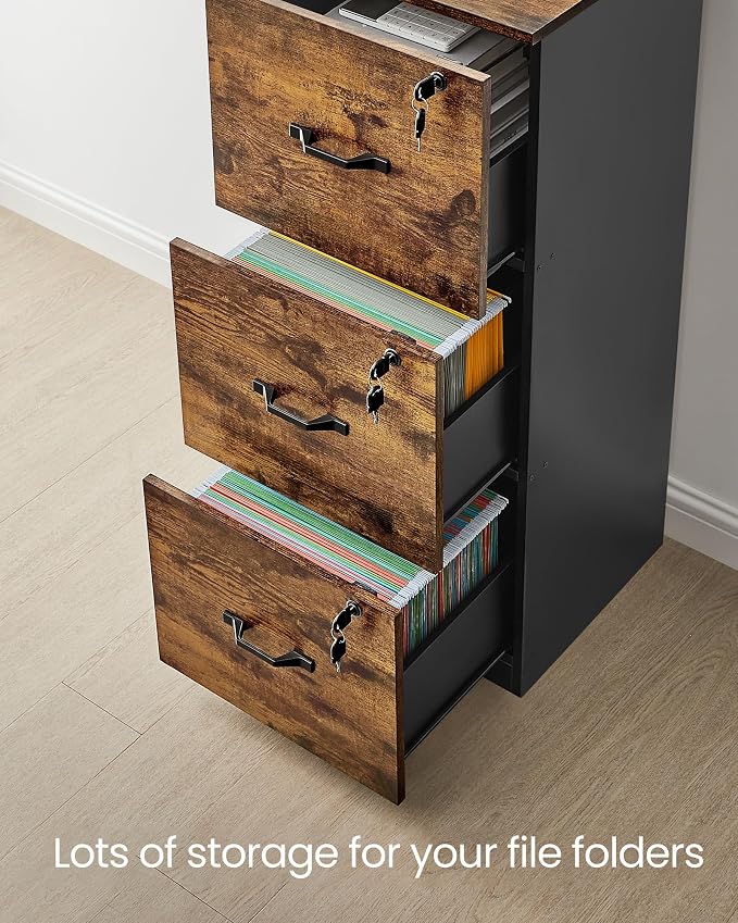 VASAGLE File Cabinet, 3 Drawer Filing Cabinet for Home Office, with Locks, for A4, Letter Sized Documents, Hanging File Folders, Rustic Brown UOFC055K101S