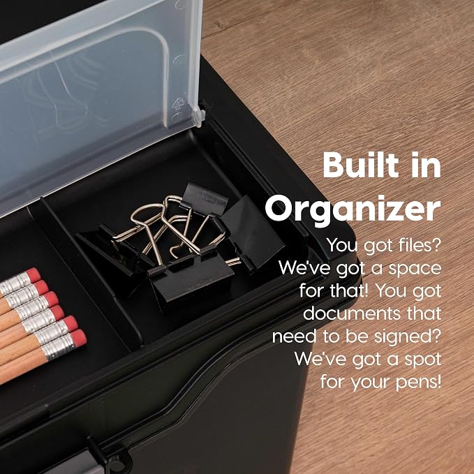 IRIS USA File Box Organizer with Lid, Letter File, 4-Pack, Black | Carry letter size files, documents and paperwork with a portable handle and secure lid for organized storage on the go