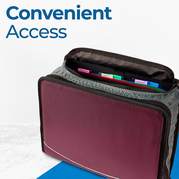 Case-it School Zipper Binder | 3" O-Rings | 600-Sheet | D-146 Red Burgundy | Mighty Zip Tab, 5-Subject Expanding File Folder, Multiple Pockets, Storage Organizer, Shoulder Strap, Office