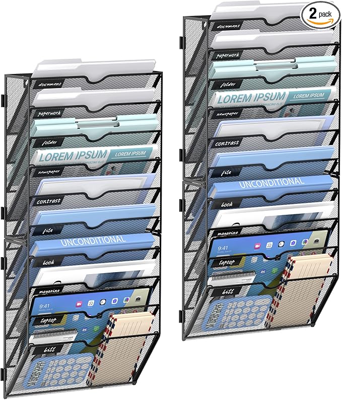 10-Tier Wall File Organizer and Hanging File Organizer, Black, 2Pack | Wall Organizer and Wall Mounted File Holder with 10 Pockets and Label Panels for Files, Mail, Folders, Magazines and Paper